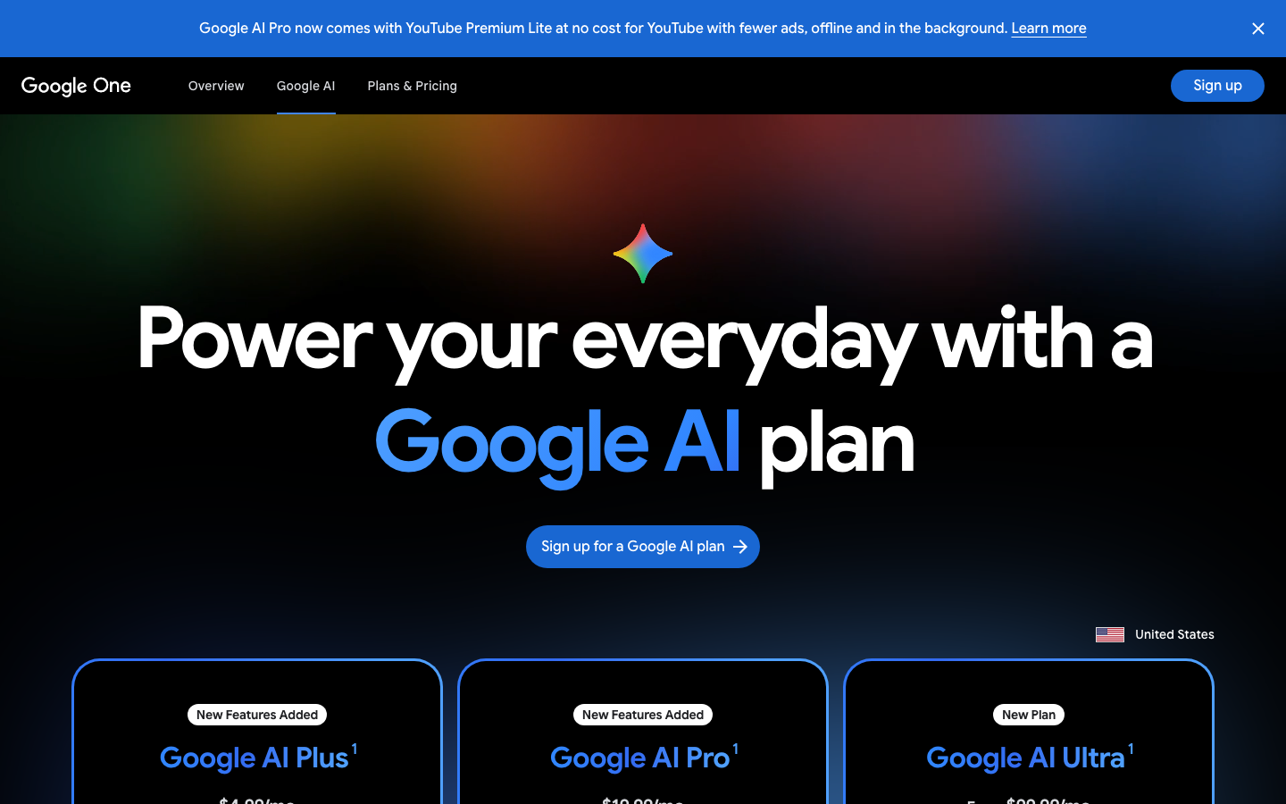 Screenshot of the official Google One / Google AI Plans page. Prices shown may vary by region and account.