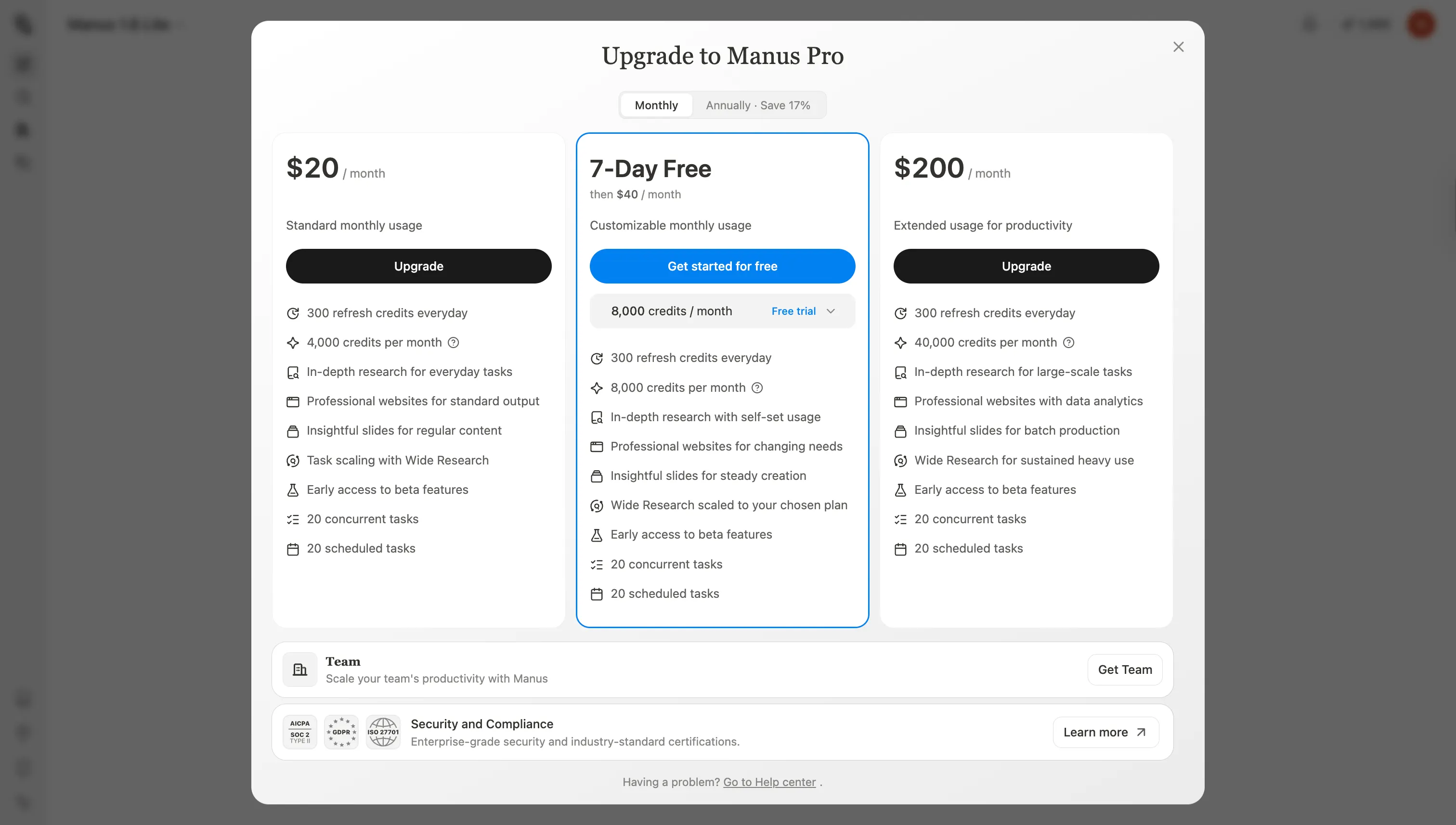 Screenshot of the monthly subscription plans from the Manus official help center. Prices and benefits may change; please refer to the checkout page for the latest details.