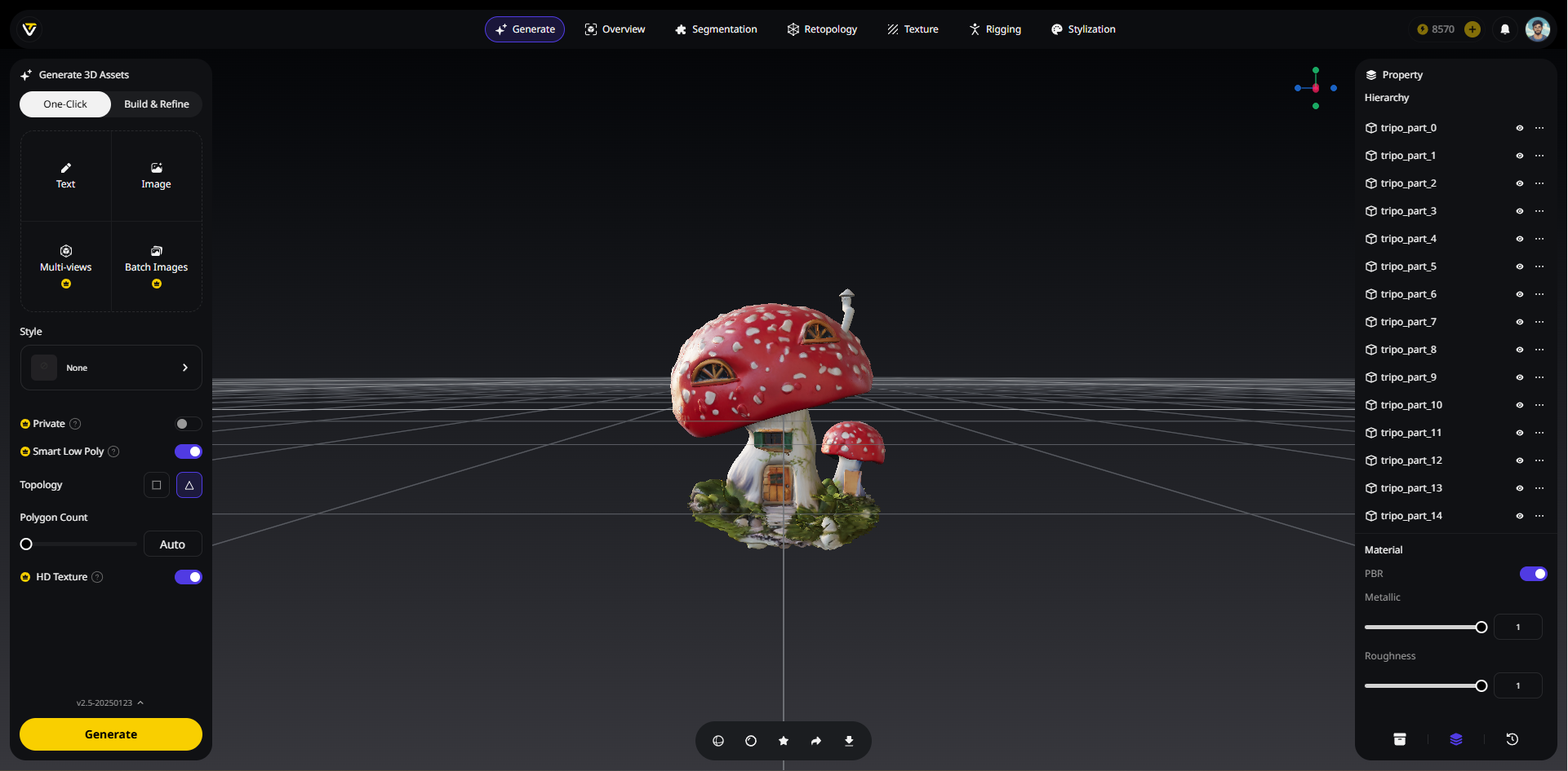 The official Generate workspace in Tripo Studio — paid plans unlock higher quality and batch capacity.