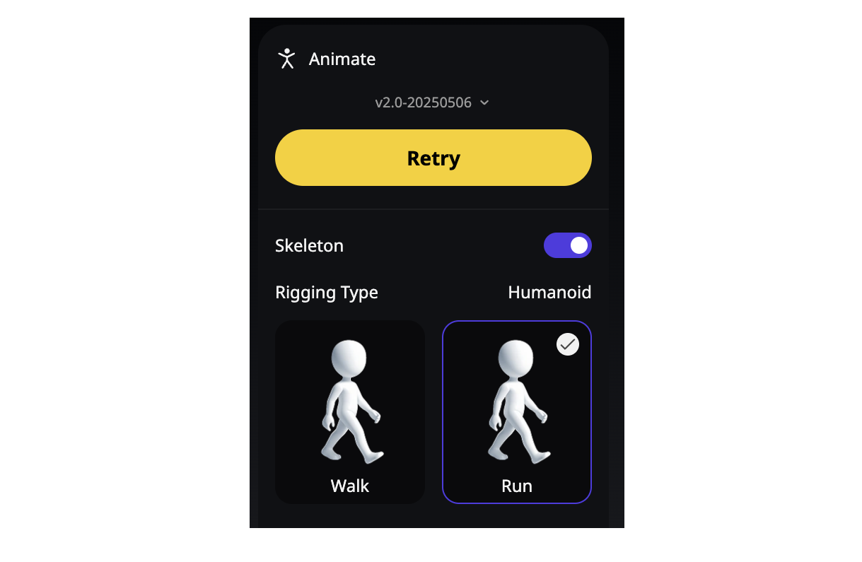 Tripo Studio official Rigging interface; can auto-generate bones and apply actions.