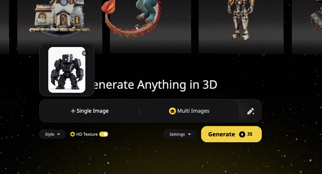 Tripo3D official image upload interface. Beginners can start with the single-image mode.